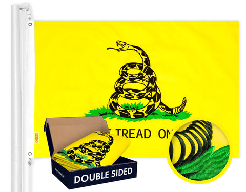 G128 Gadsden flag front view shows double-sided embroidery for clear outdoor display