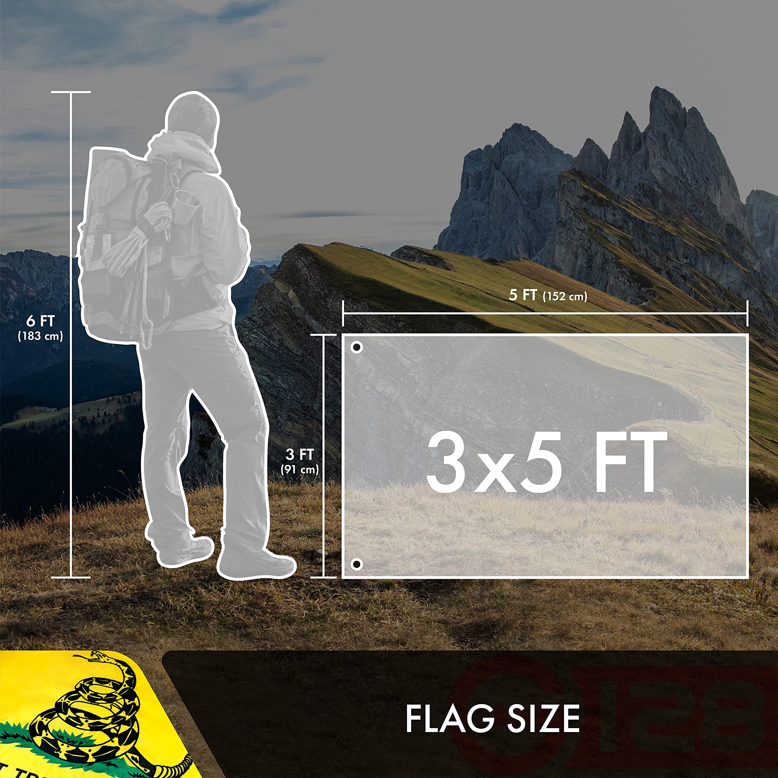 G128 Gadsden flag size reference 3x5 ft for standard flagpoles