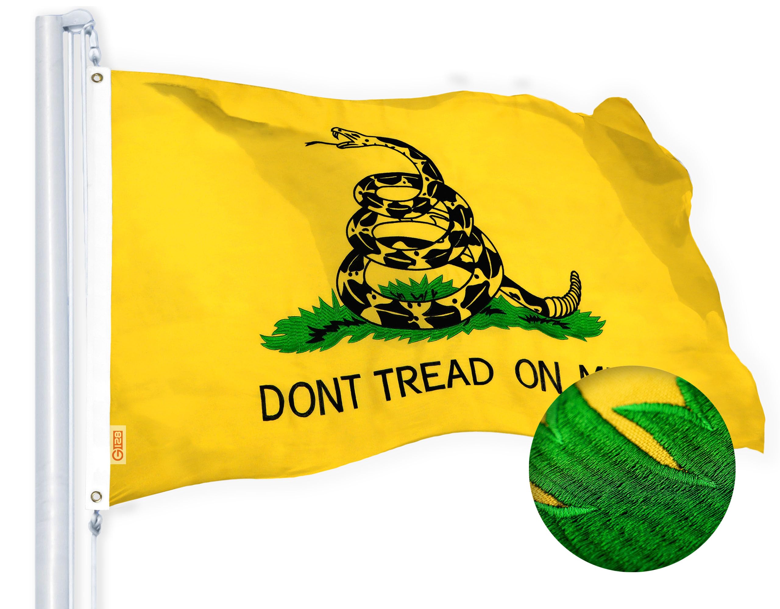 G128 Gadsden flag embroidery close-up shows precise stitching for lasting detail.