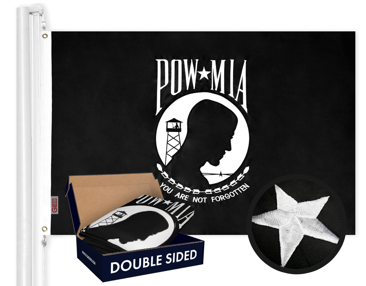 G128 POW MIA flag with double-sided embroidery for outdoor display.