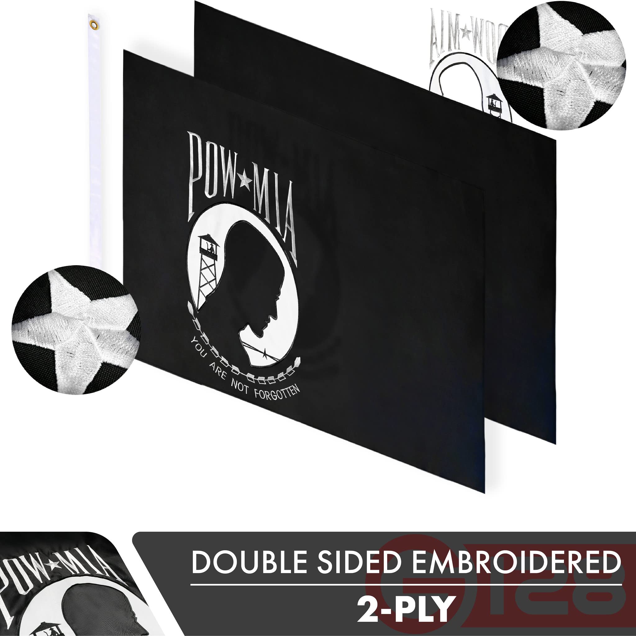 G128 POW MIA flag made of heavy-duty polyester for outdoor use.