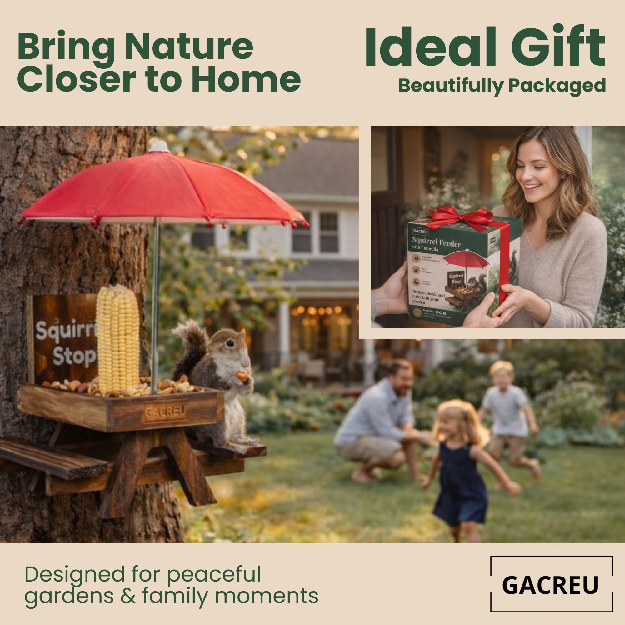 GACREU Squirrel Feeder keepsake gift packaging makes a thoughtful wildlife gift.