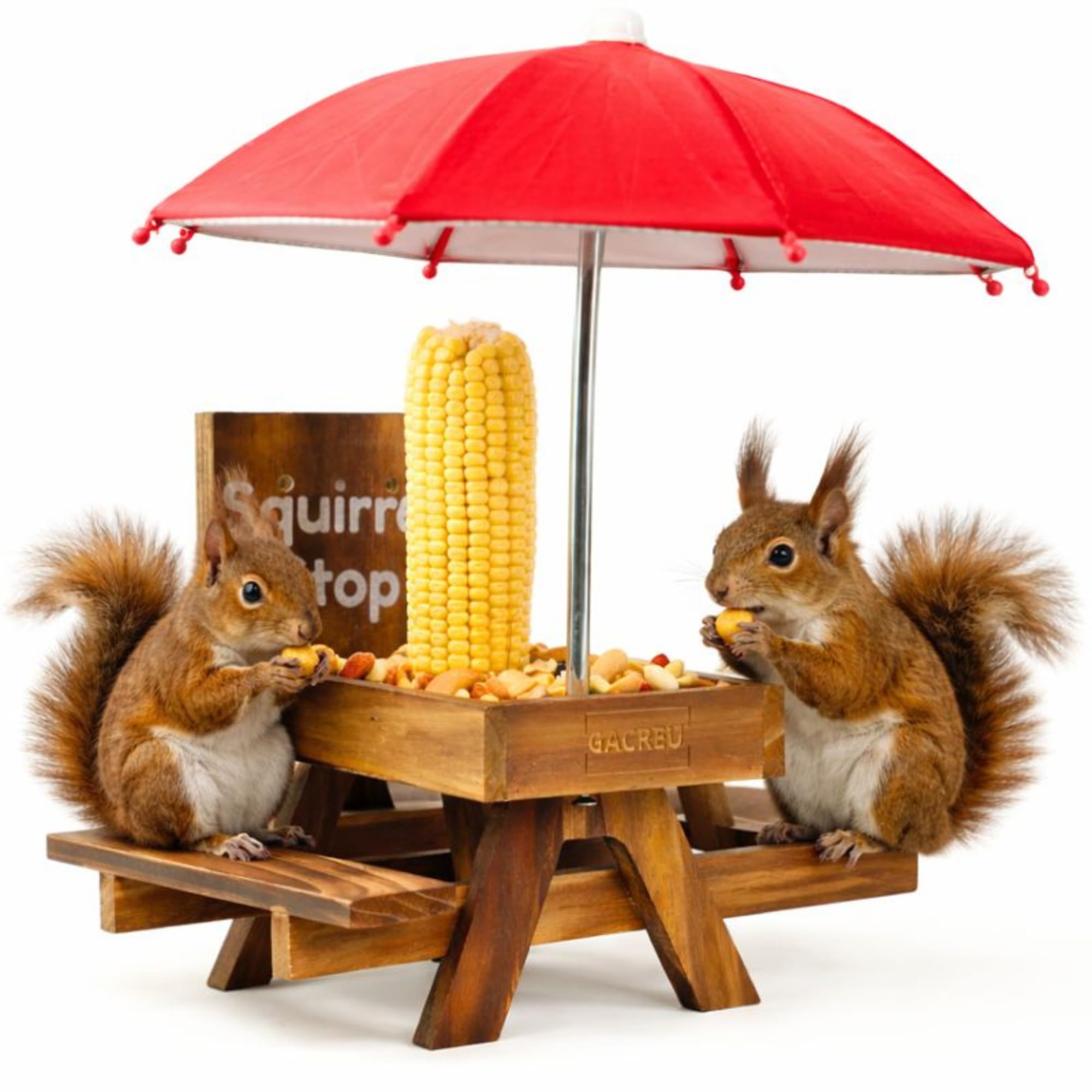 GACREU Squirrel Feeder Picnic Table wood detail enhances outdoor decor and wildlife watching.
