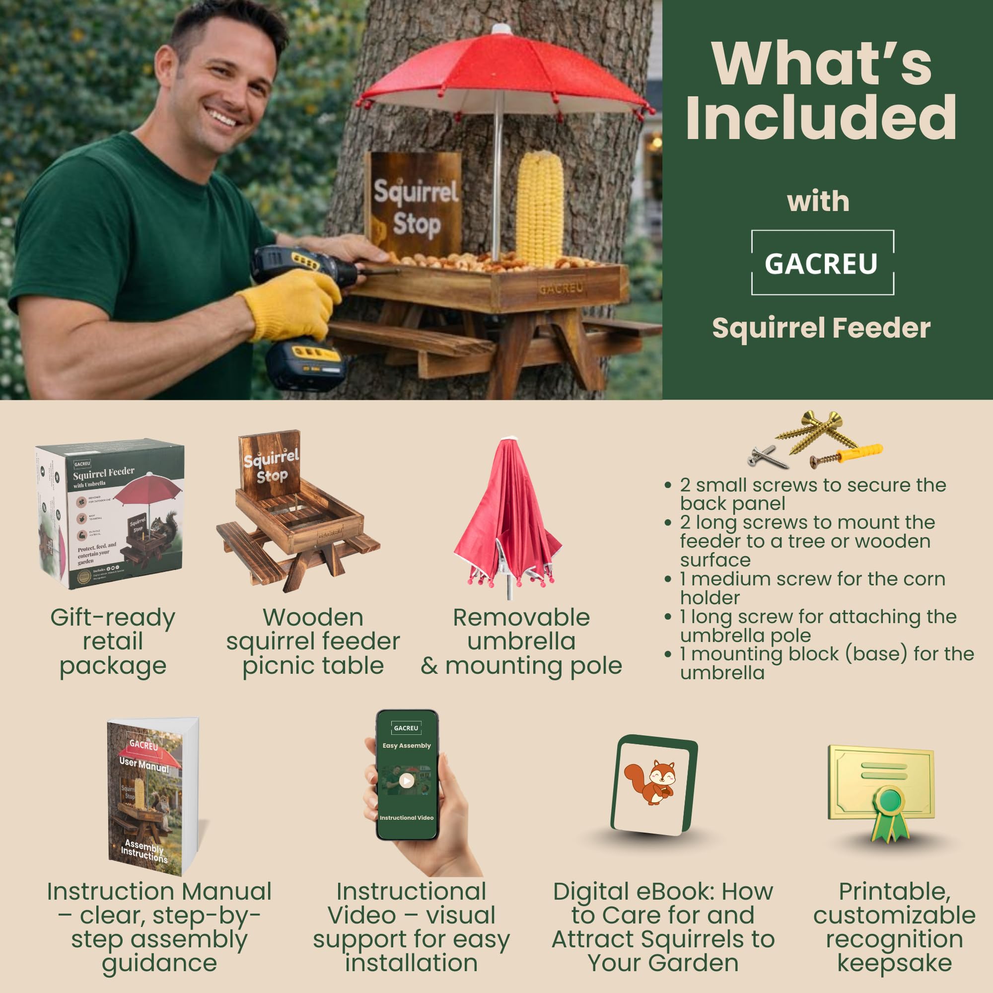 GACREU Squirrel Feeder packaging includes a digital nature guide for families.