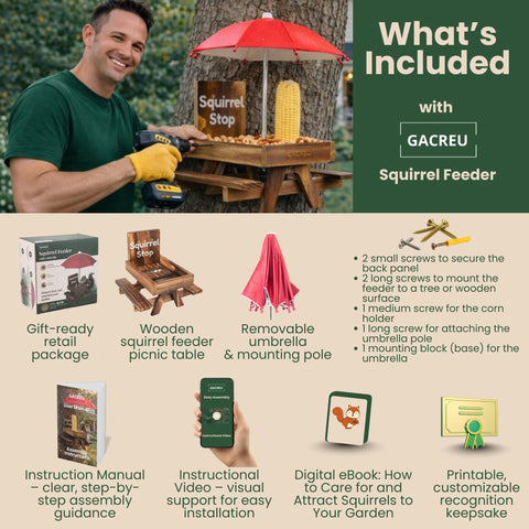 GACREU Squirrel Feeder packaging includes a digital nature guide for families.