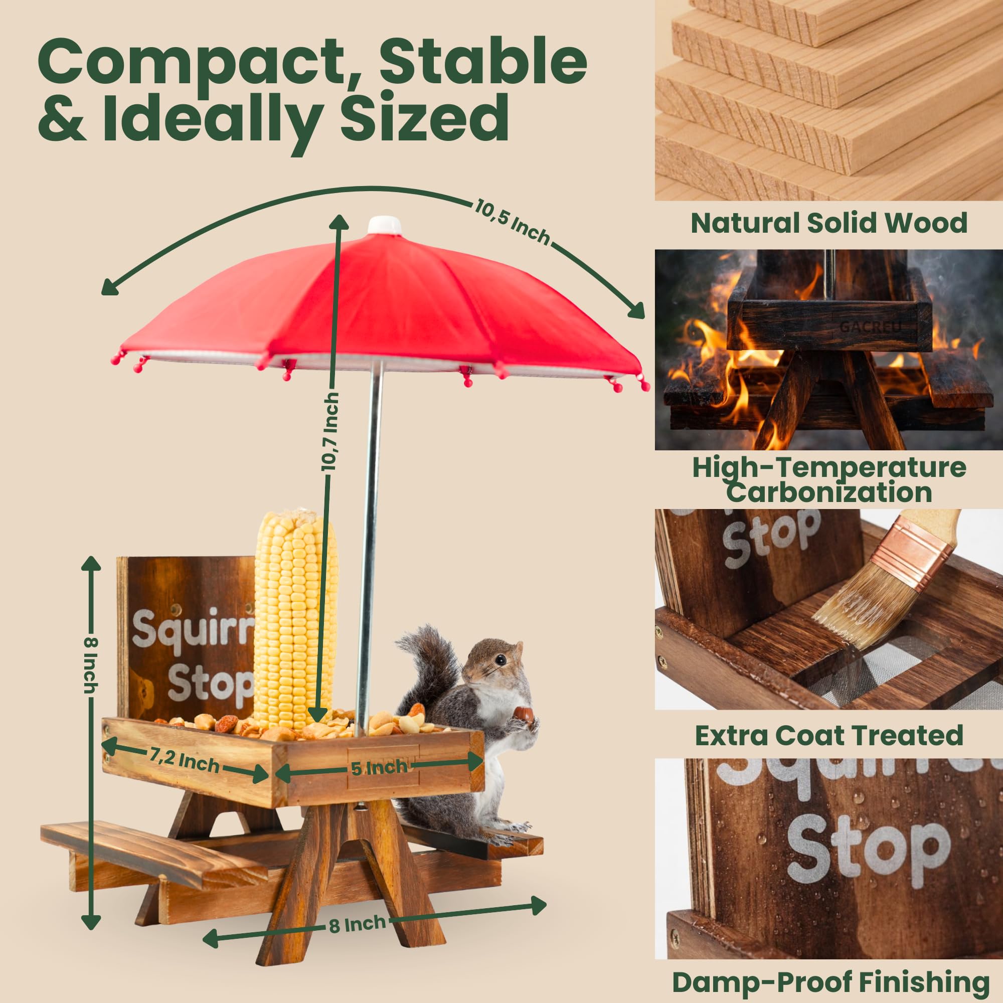 GACREU Squirrel Feeder's removable umbrella provides shade during sunny garden foraging.