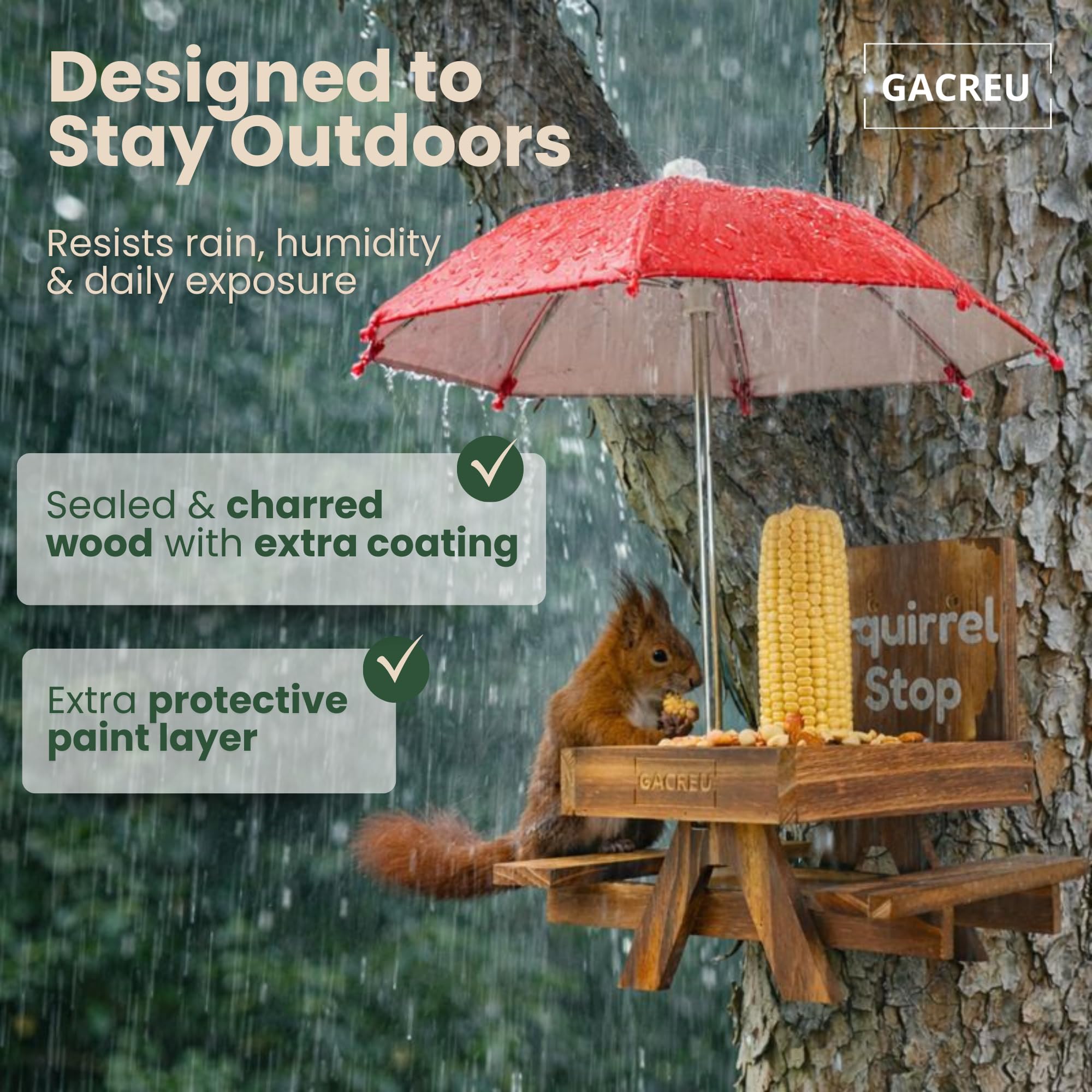 GACREU Squirrel Feeder with wide seating area invites calm, relaxed snacking and observation.