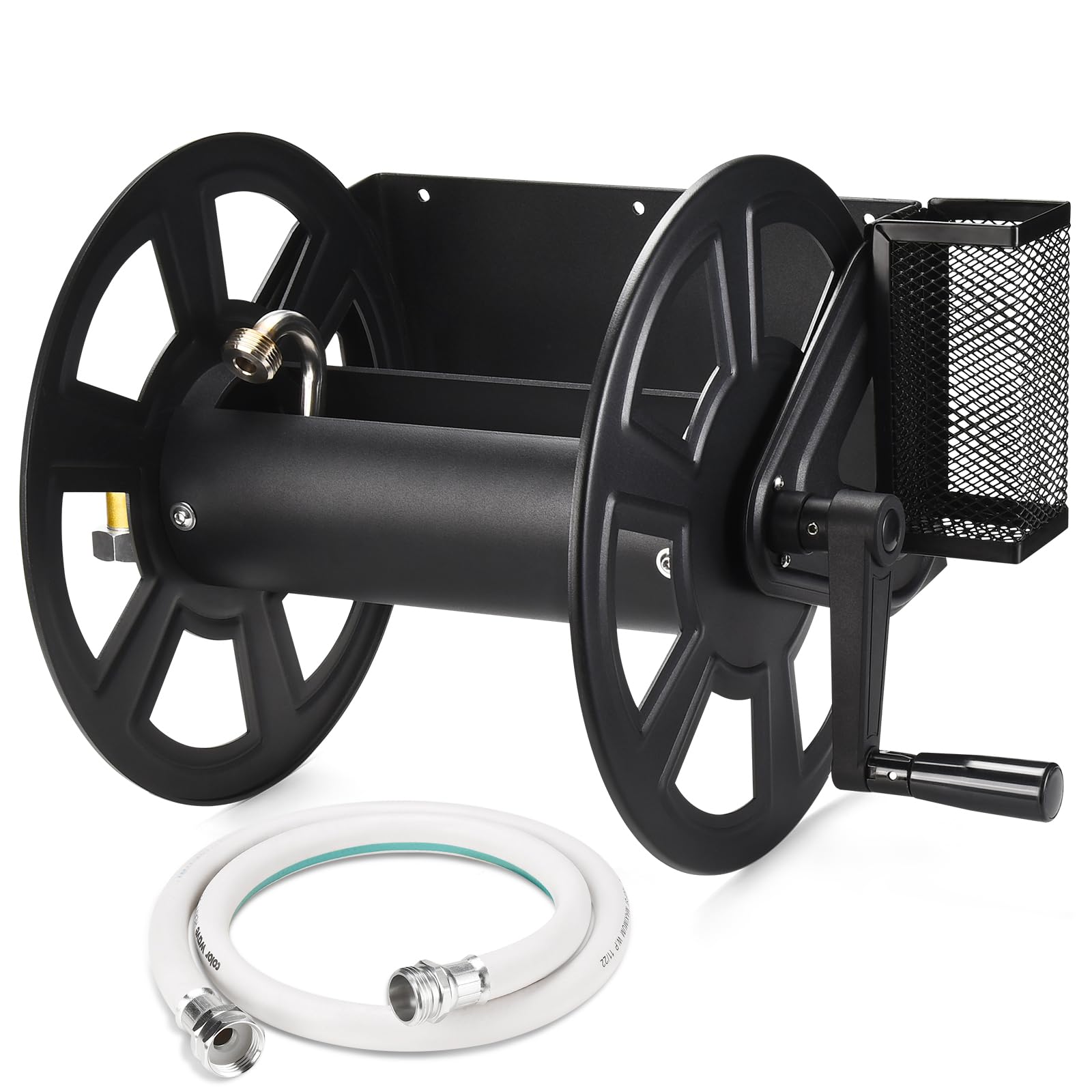 GADFISH garden wall-mounted hose reel storing up to 125 feet of hose for efficient yard irrigation.