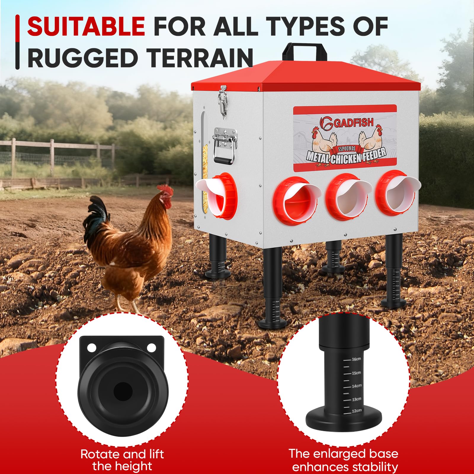 GADFISH feeder with height-adjustable legs for stable setup on uneven ground.
