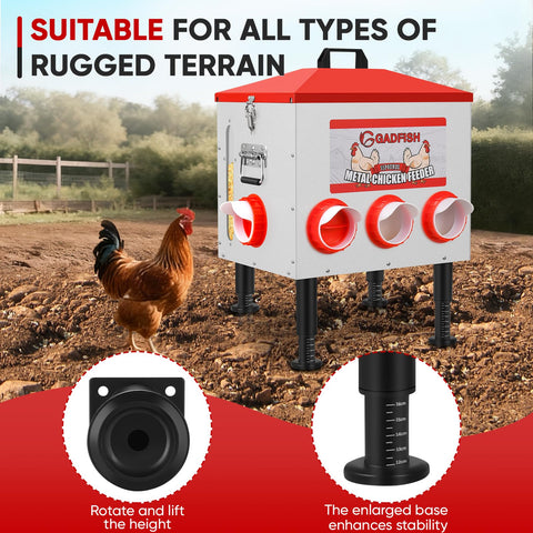 GADFISH feeder with height-adjustable legs for stable setup on uneven ground.