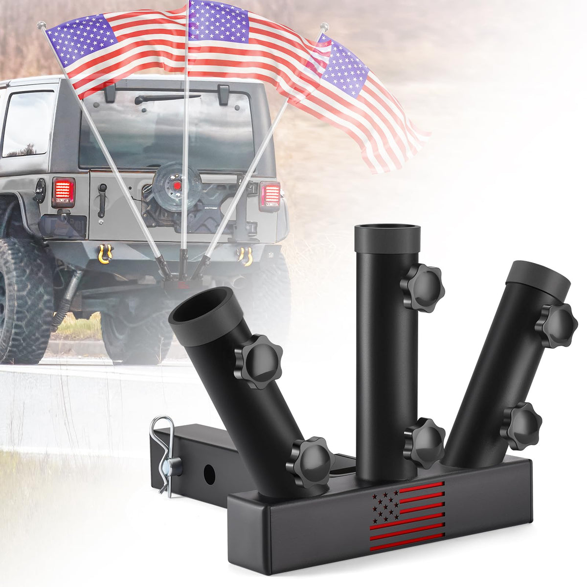 GADFISH trailer hitch flagpole mount on a 2-inch receiver holding three flags securely.