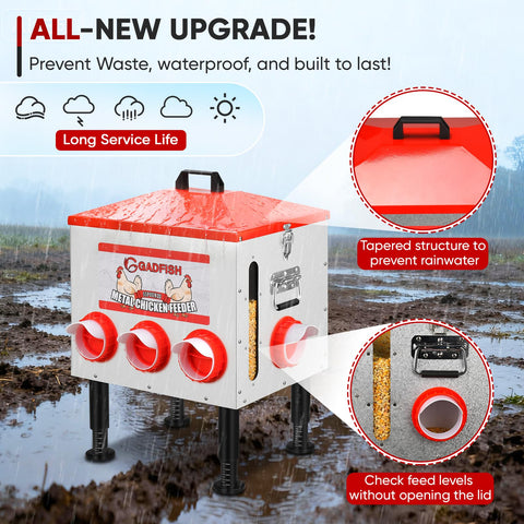GADFISH upgraded ports minimize waste and deter pests in poultry setup.