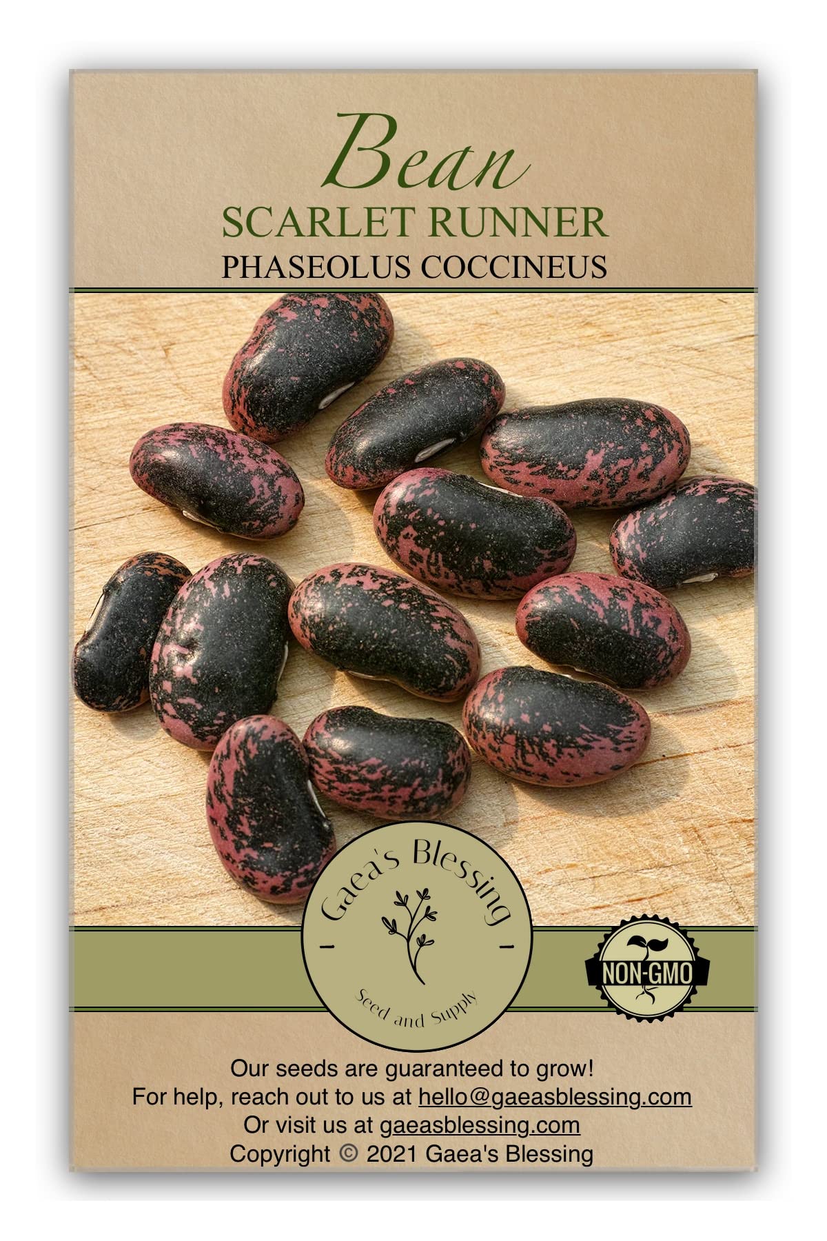 Gaea's Blessing Scarlet Runner Bean seeds in seed packet, ideal for spring planting