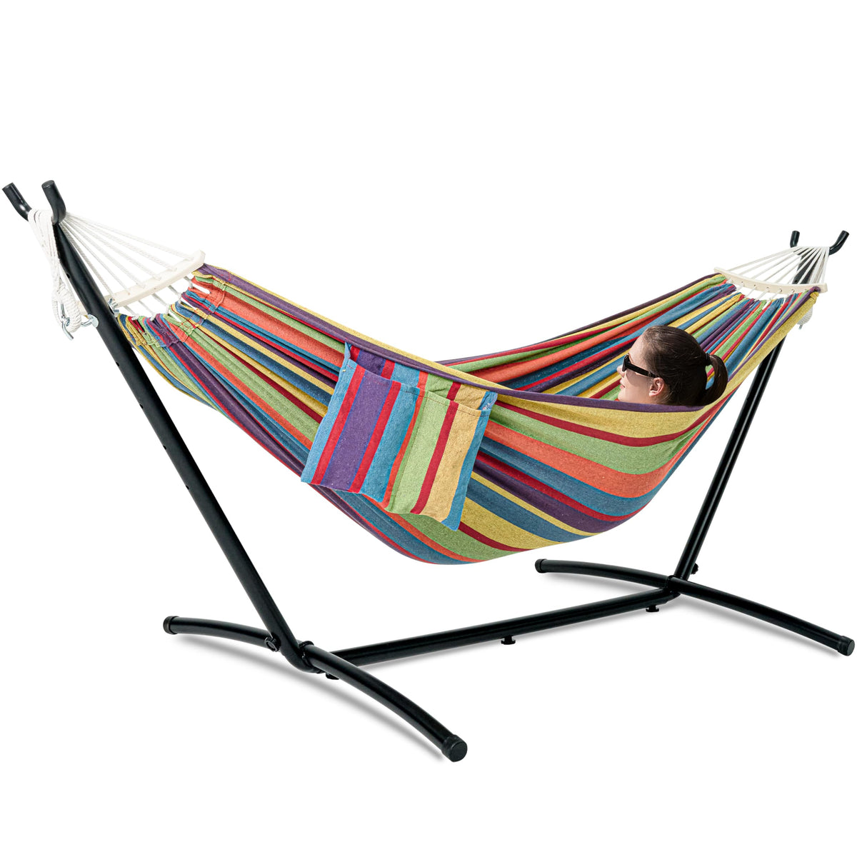 Gafete double hammock stand setup shows easy, stable outdoor lounging.
