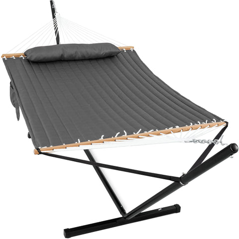 Gafete double hammock with stand ready for outdoor lounging and bonding.