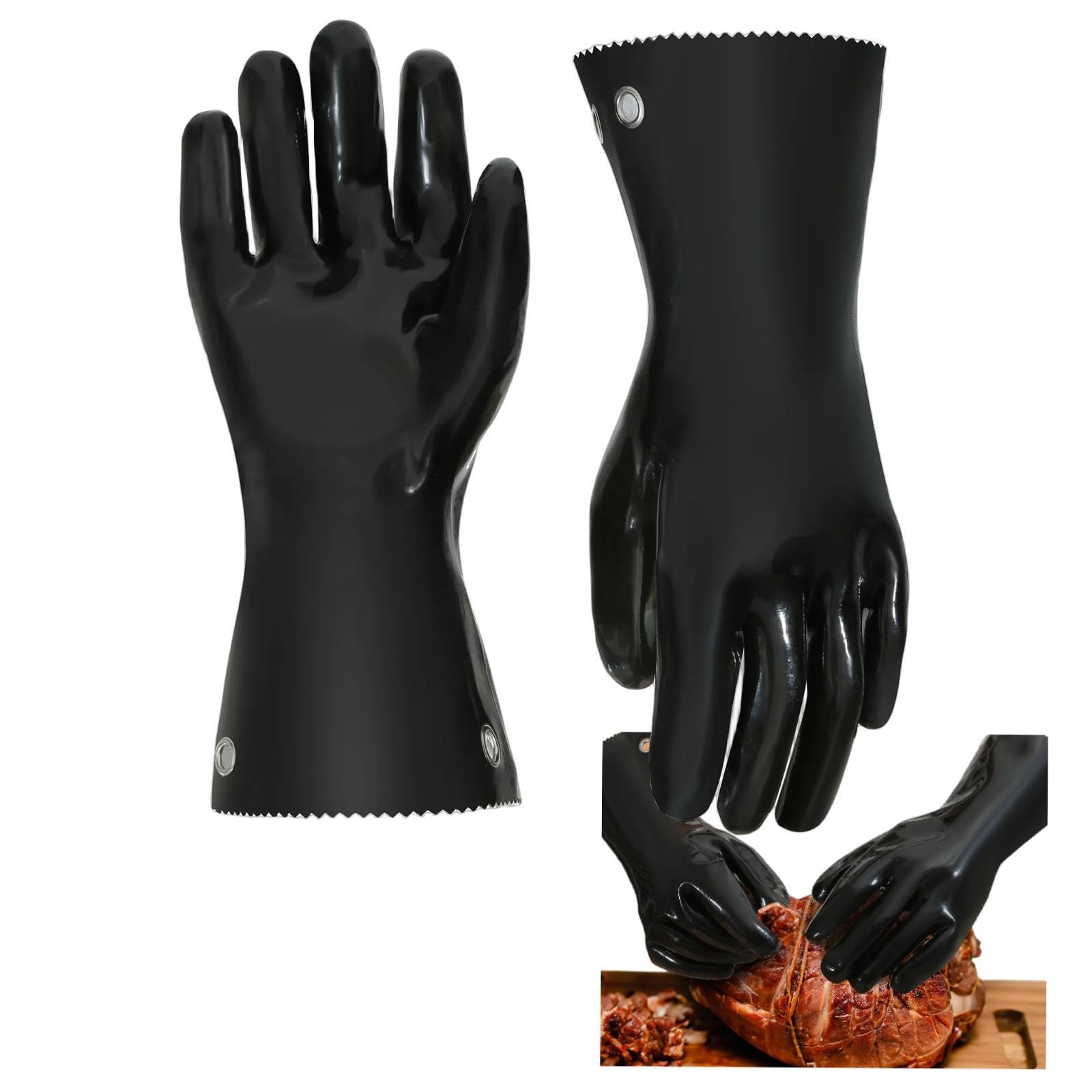 GAGAQI insulated BBQ gloves showing heat resistance for safe grilling.