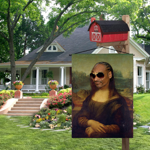 GAGEC Mona Lisa garden flag outdoor-ready, simple setup, stand not included.