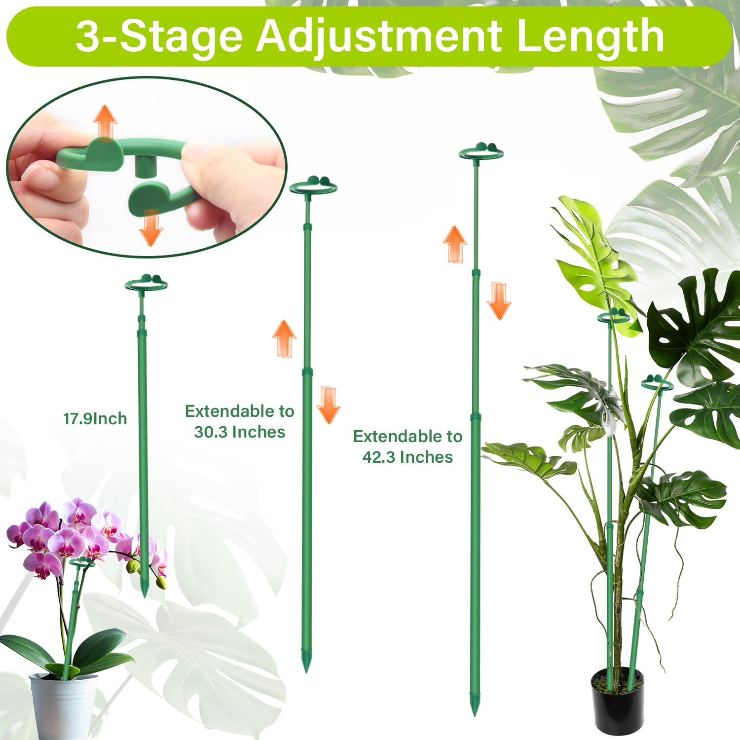 Three-pack stakes support seedlings to mature plants in indoor/outdoor setups.