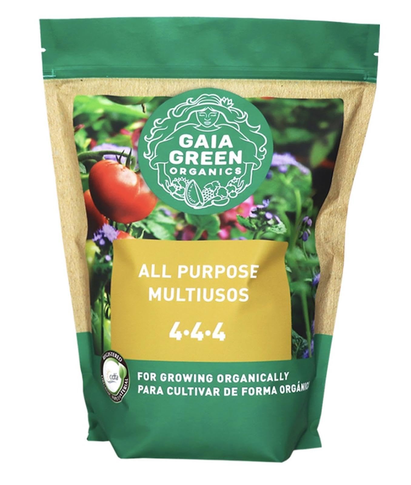 Gaia Green 4-4-4 organic fertilizer bag ready to enrich garden soil and roots.