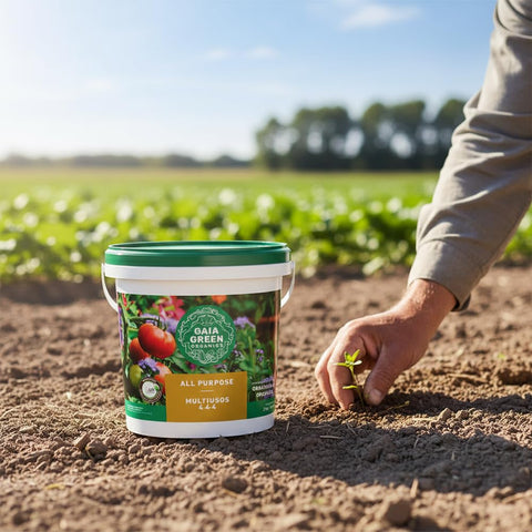 Gaia Green All-Purpose soil being amended to boost soil health in a garden bed.