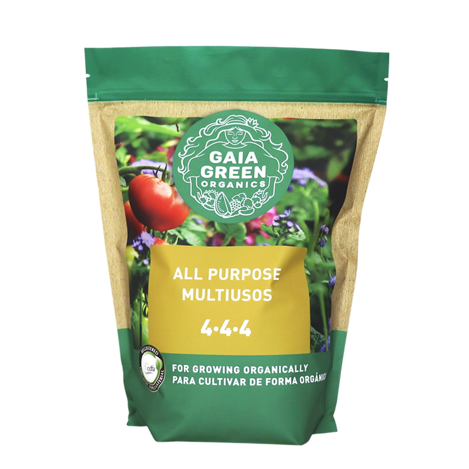In-use scene applying Gaia Green nutrients to thriving tomato plants.