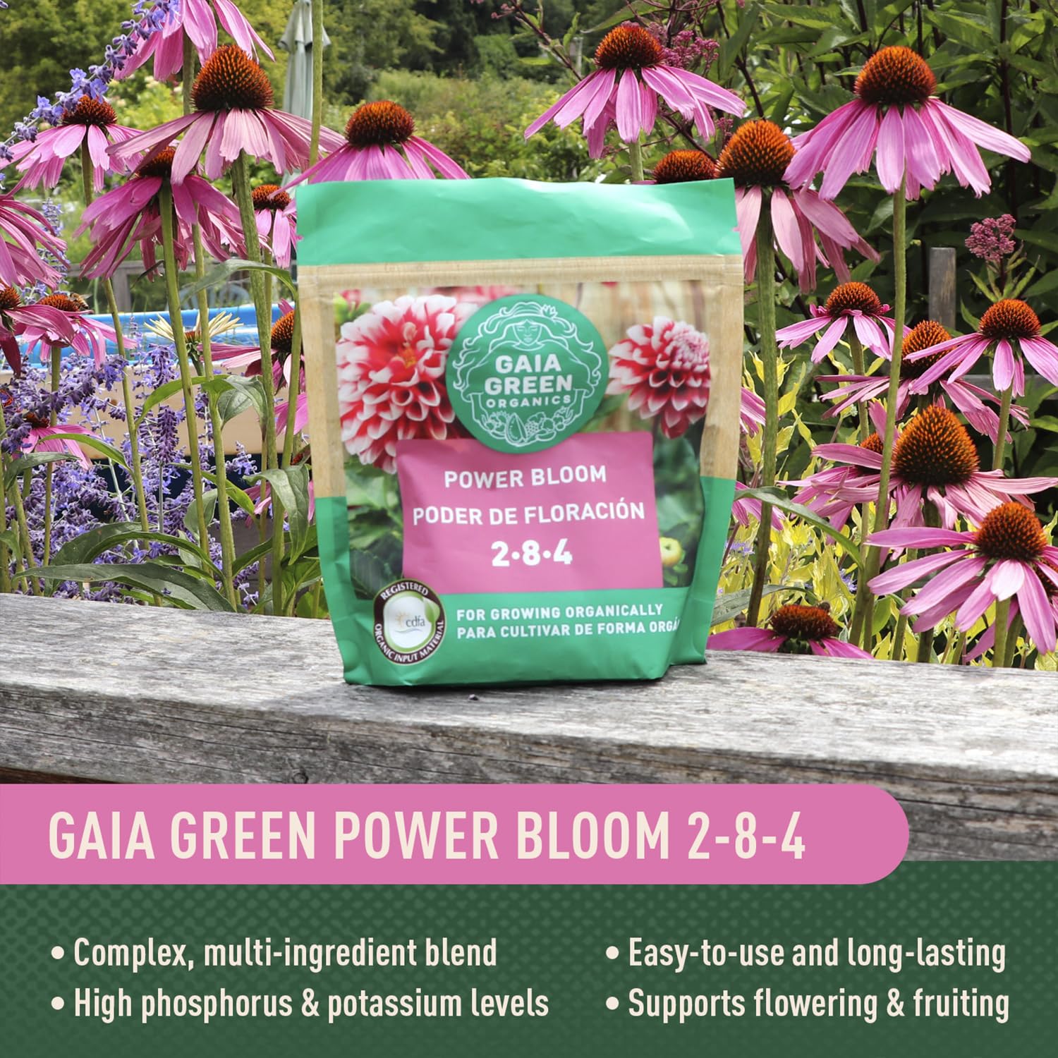 Gaia Green Power Bloom's long-lasting release supports multiple flowering cycles in hanging baskets and beds.
