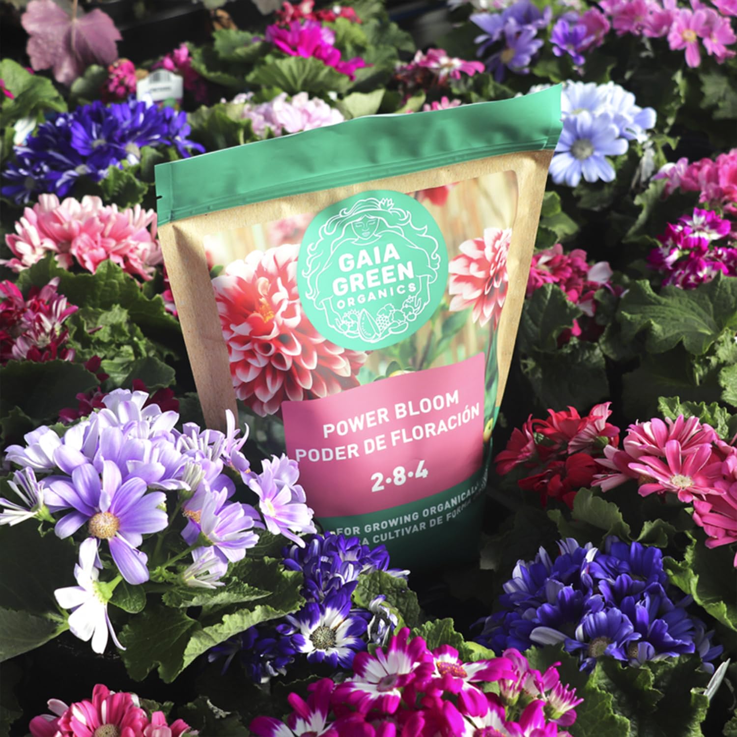 The Gaia Green blend promotes sustainable soil health with natural ingredients for flowering crops.