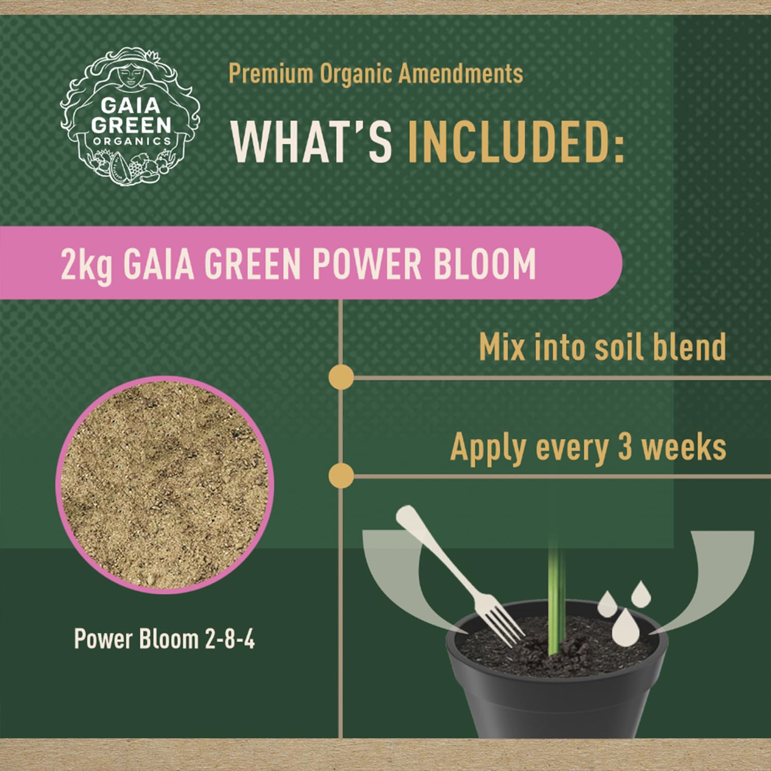Top-dress application of Gaia Green Power Bloom to soil for slow-release feeding
