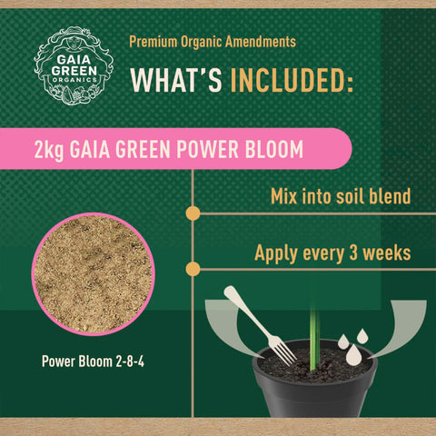 Top-dress application of Gaia Green Power Bloom to soil for slow-release feeding