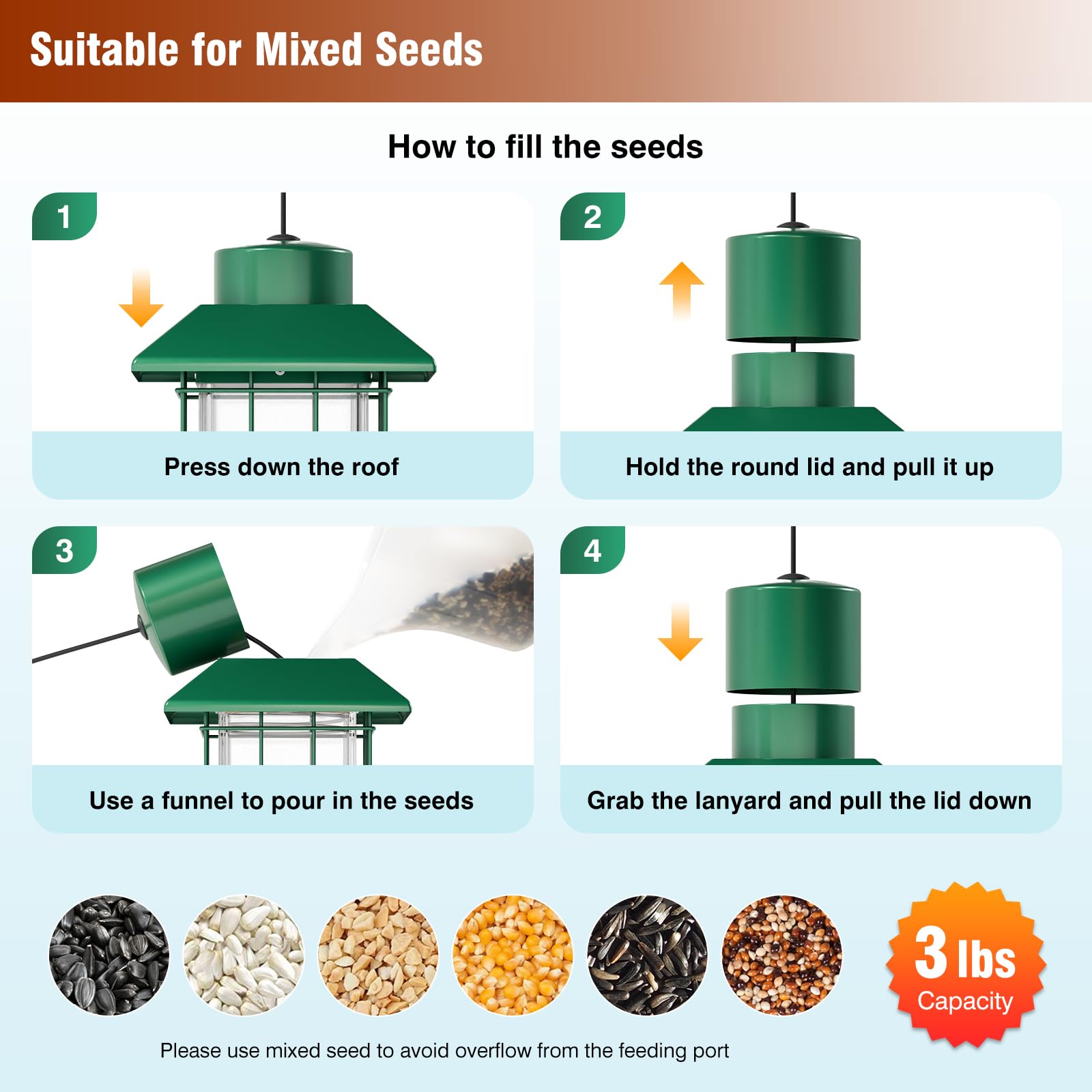 GAINSEN easy-fill sealed lid keeps seeds dry and reduces mess