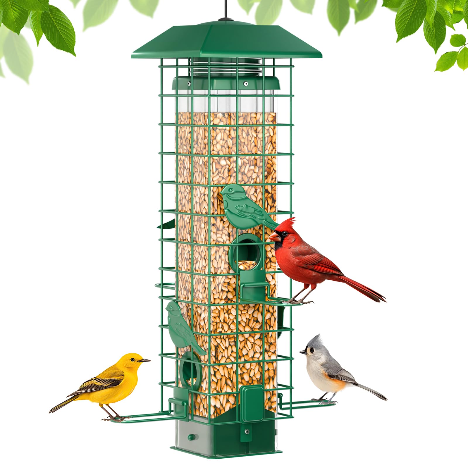 GAINSEN squirrel-proof bird feeder outdoors with four ports for easy seed access