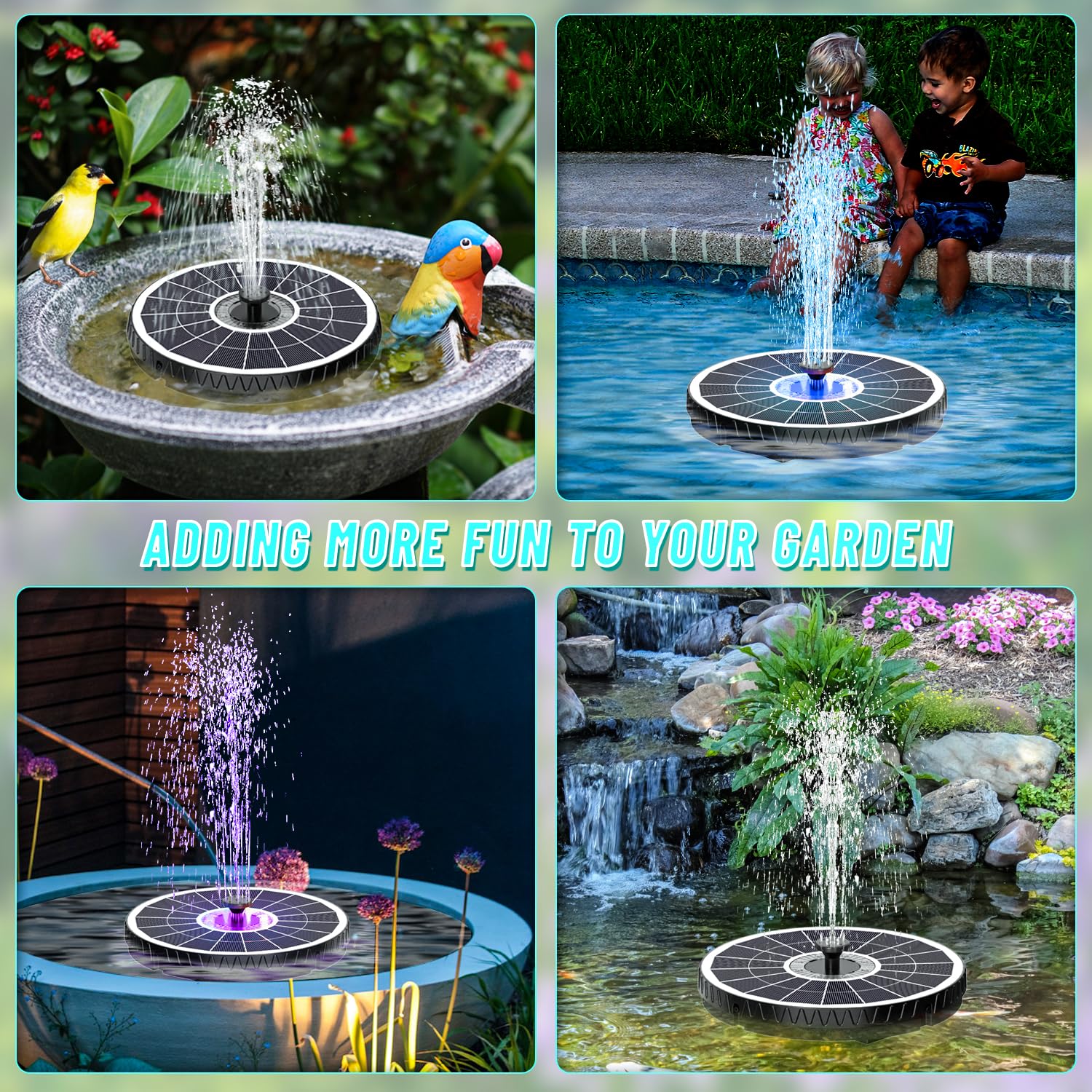 GAIZERL bird bath fountain in a garden pond attracting hummingbirds.