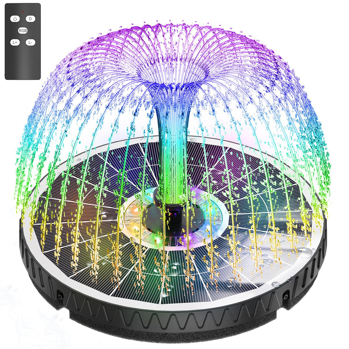GAIZERL remote control solar fountain in use, highlighting convenient remote operation.