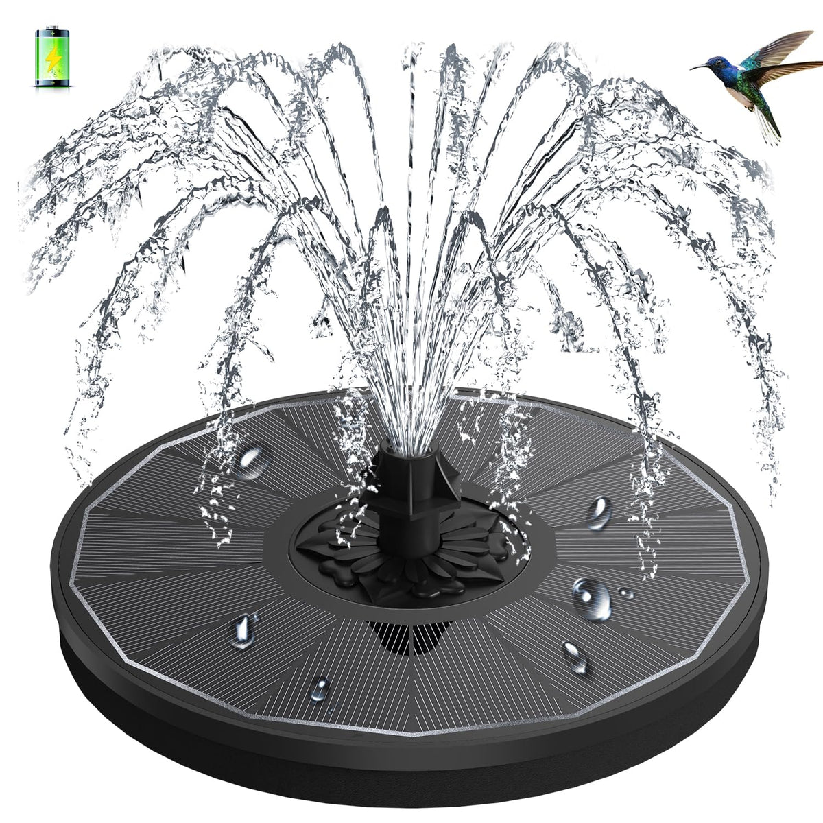 GAIZERL 3-5W solar fountain with glass panel demonstrates energy-efficient sun-powered operation.