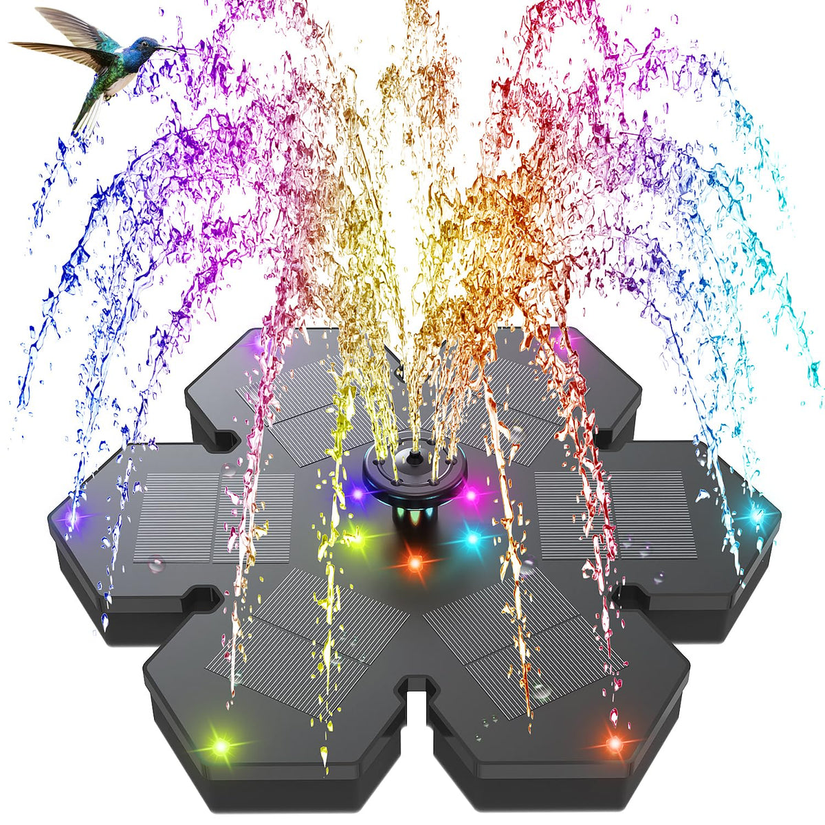 GAIZERL snowflake-style fountain with LED lights creates magical nighttime ambiance.