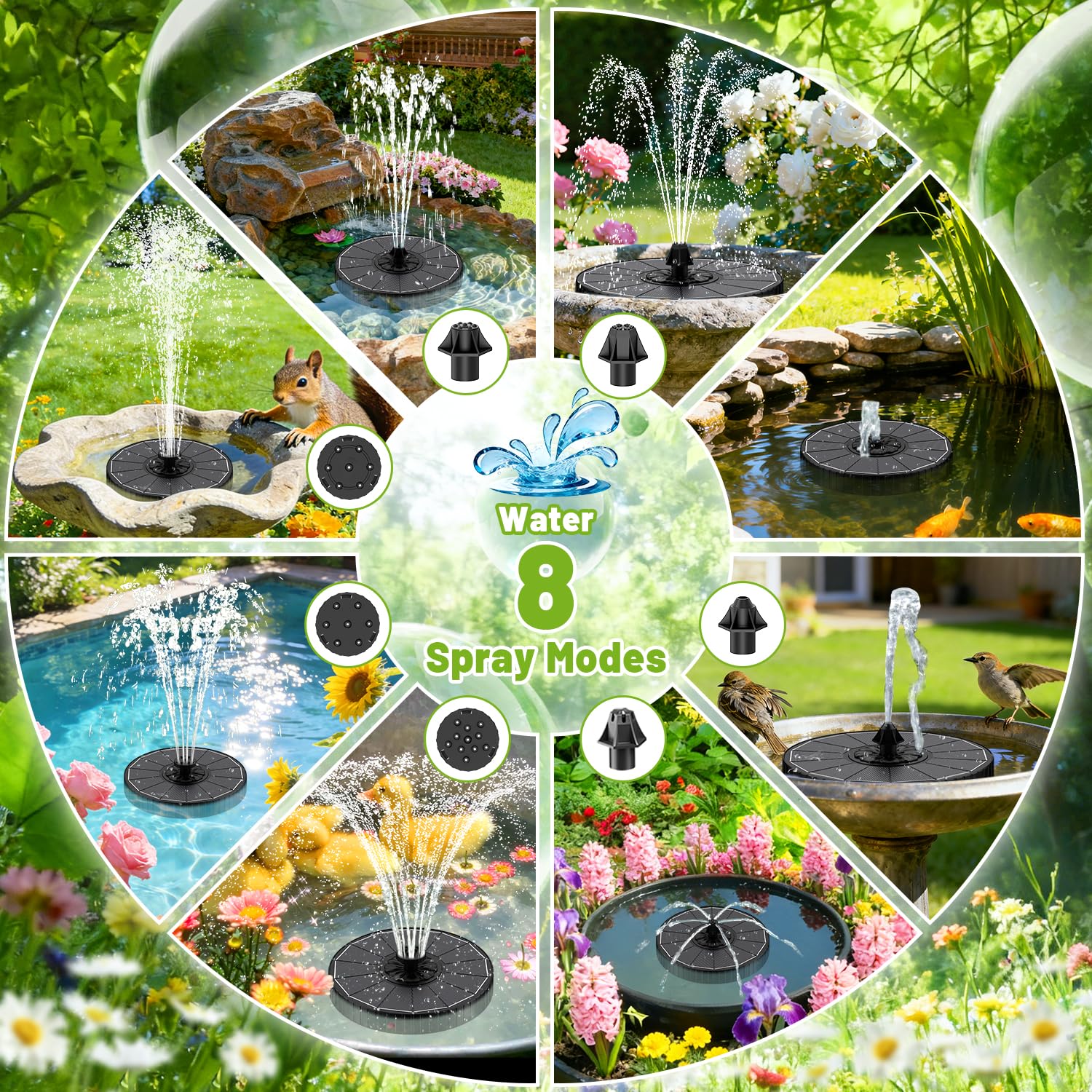 GAIZERL solar fountain features a 2000mAh battery for extended operation