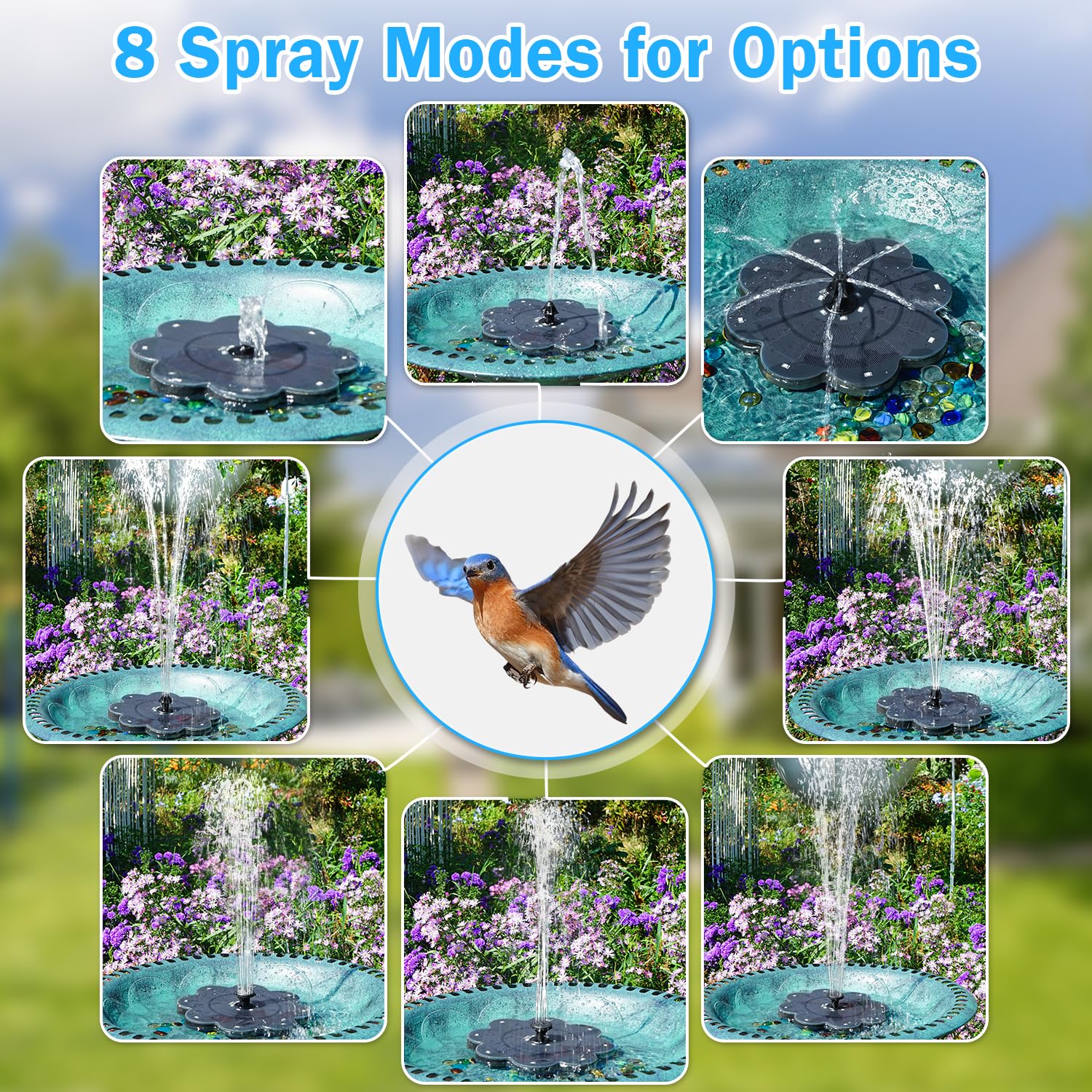 GAIZERL 7-nozzle setup demonstrates varied spray patterns for outdoor decor.