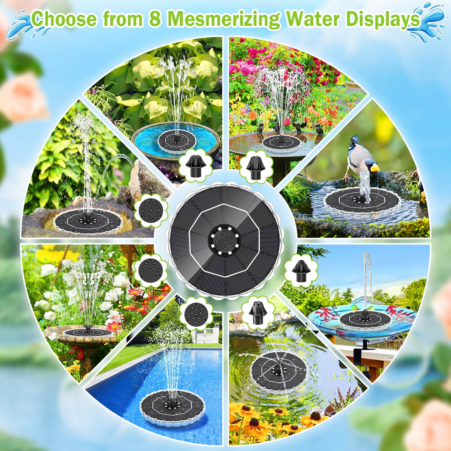 GAIZERL Solar Fountain with 7 nozzles: versatile spray patterns for garden ponds.