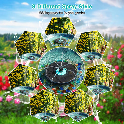 GAIZERL solar fountain with seven nozzles creates dynamic water displays