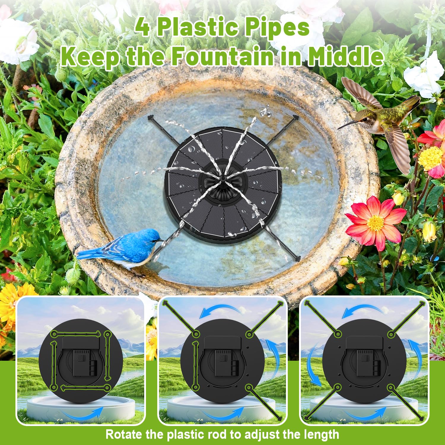 GAIZERL solar fountain offers eight nozzle patterns for varied water displays