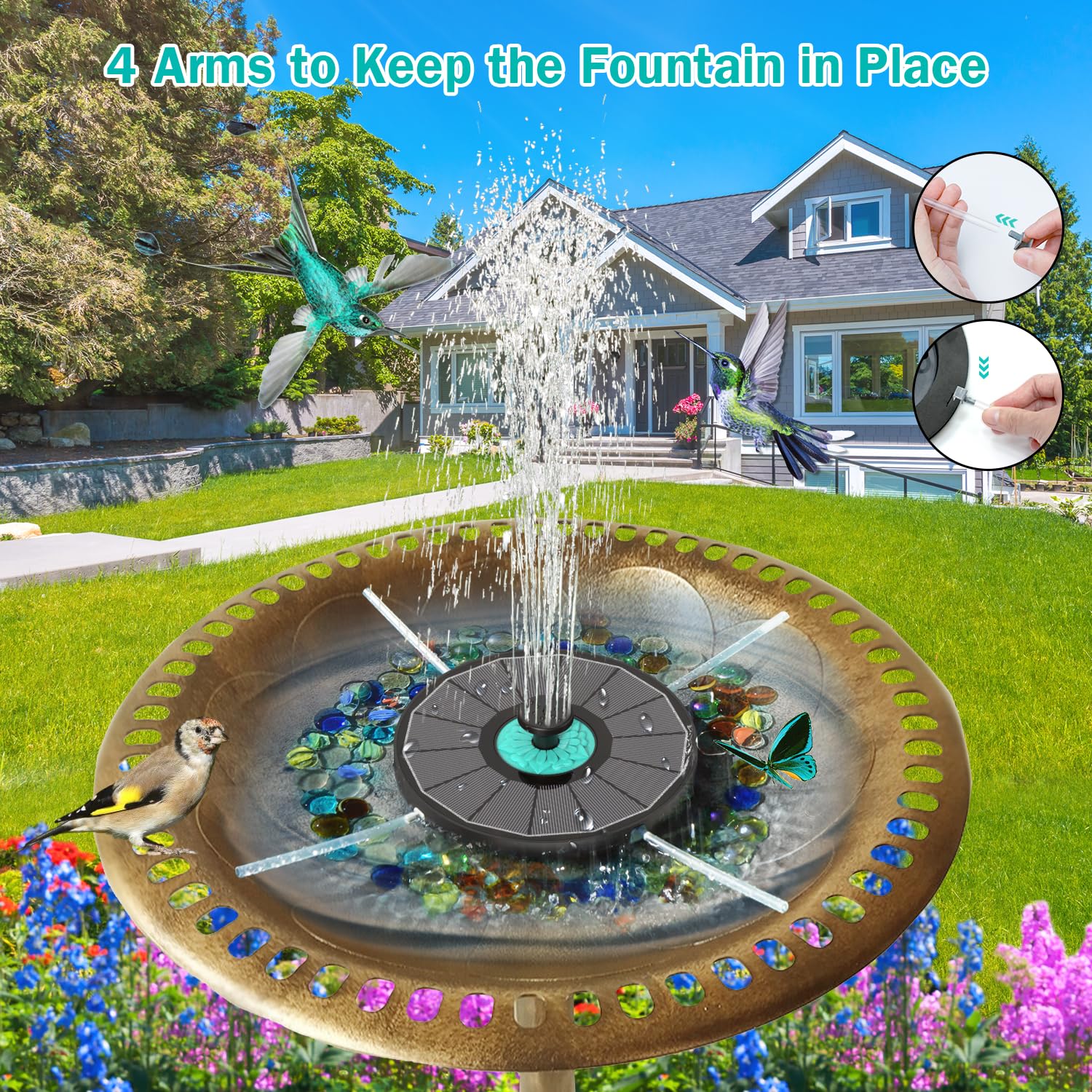 GAIZERL cyan flower fountain demonstrates anti-drift stability for tidy birdbaths