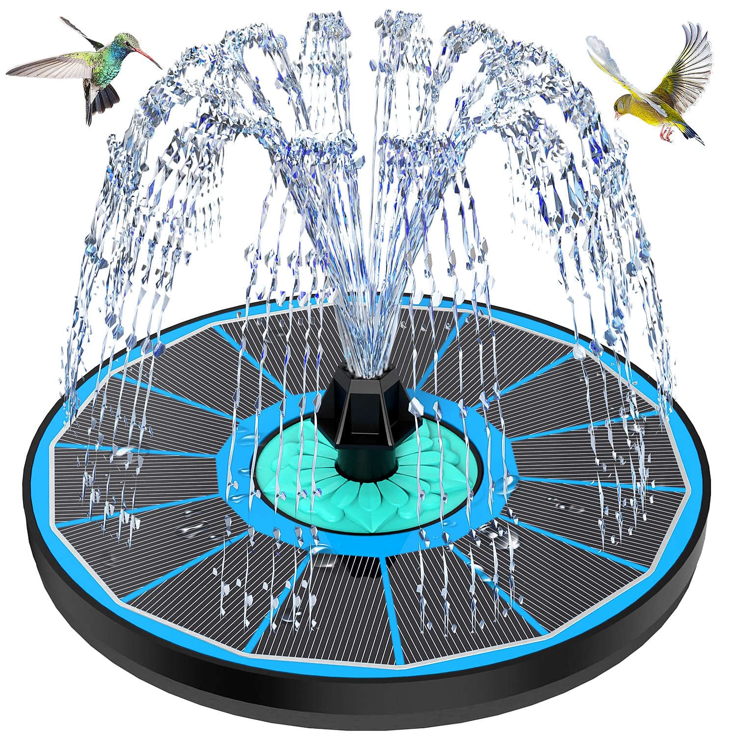 GAIZERL solar fountain with cyan flower center enhances birdbath with vibrant color.