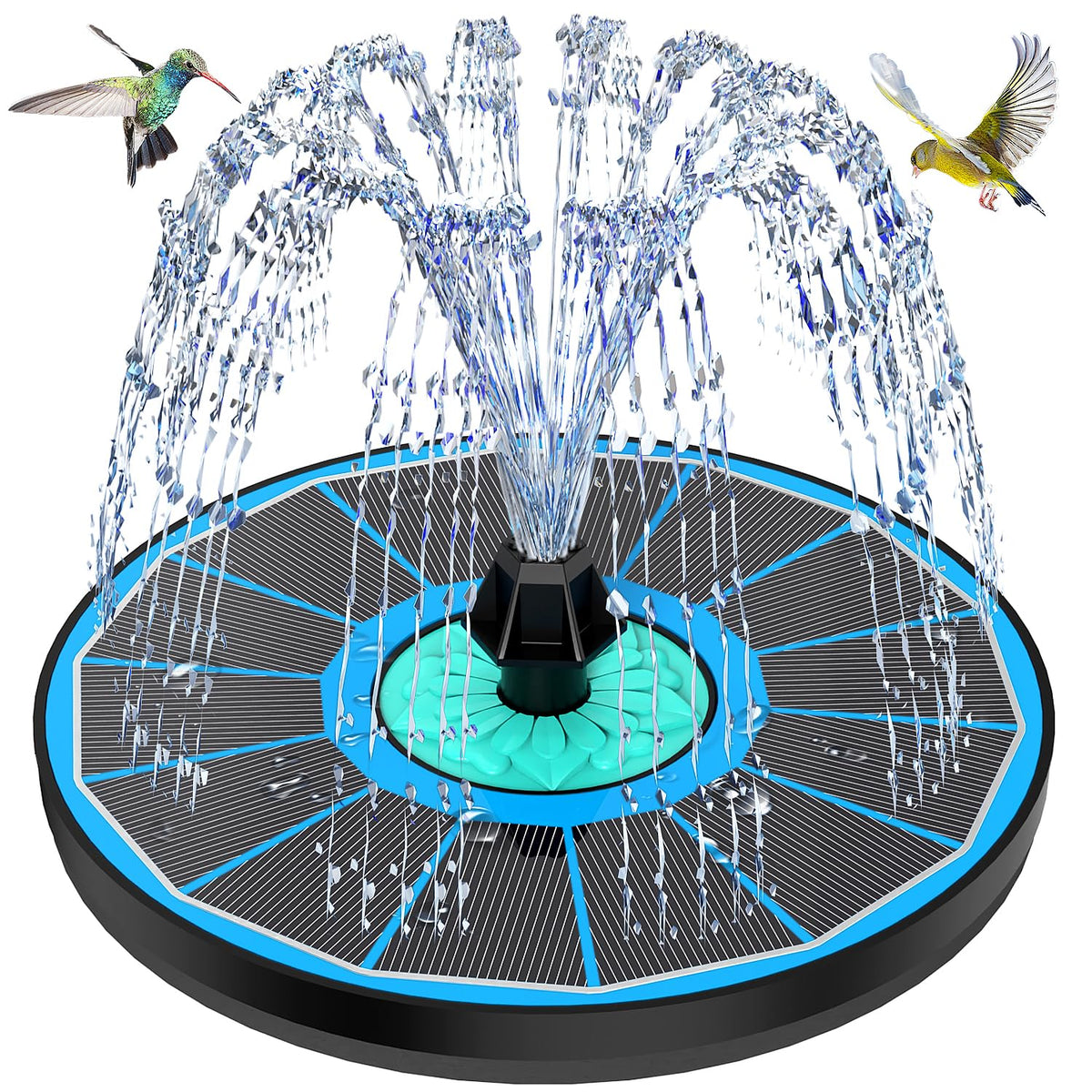 GAIZERL solar fountain with cyan flower center enhances birdbath with vibrant color.