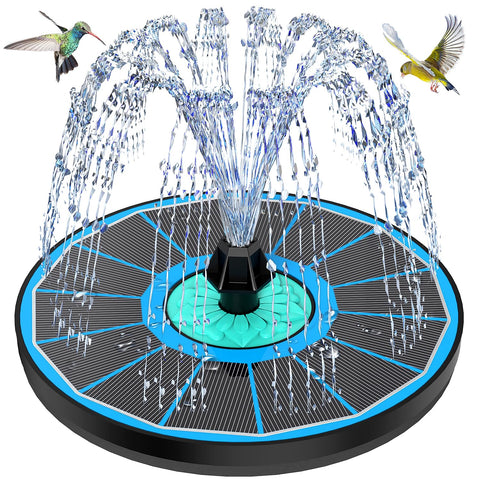 GAIZERL solar fountain with cyan flower center enhances birdbath with vibrant color.