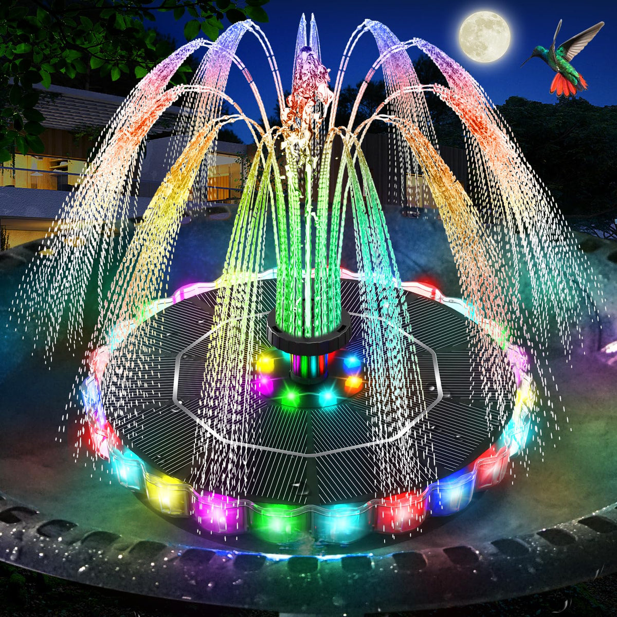 GAIZERL Solar Fountain LED Ring image, warm night glow for bird bath ambiance.