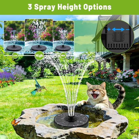 GAIZERL solar fountain operates in shade via battery backup for consistent water features