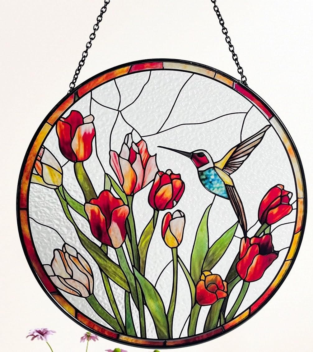 Galag hummingbird and tulips stained-glass suncatcher brightens windows with vivid color.