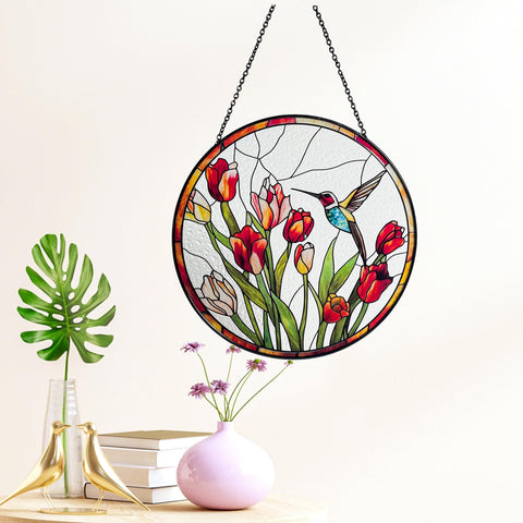 Galag hummingbird and tulips stained-glass suncatcher adds outdoor garden charm when sun hits.