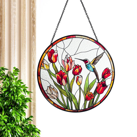 Galag hummingbird and tulips stained-glass suncatcher enhances living rooms or offices.