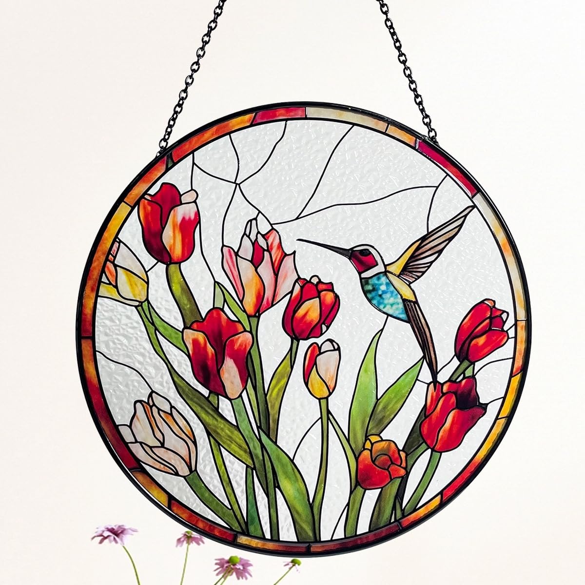 Galag hummingbird and tulips stained-glass suncatcher creates dramatic sunlit display.